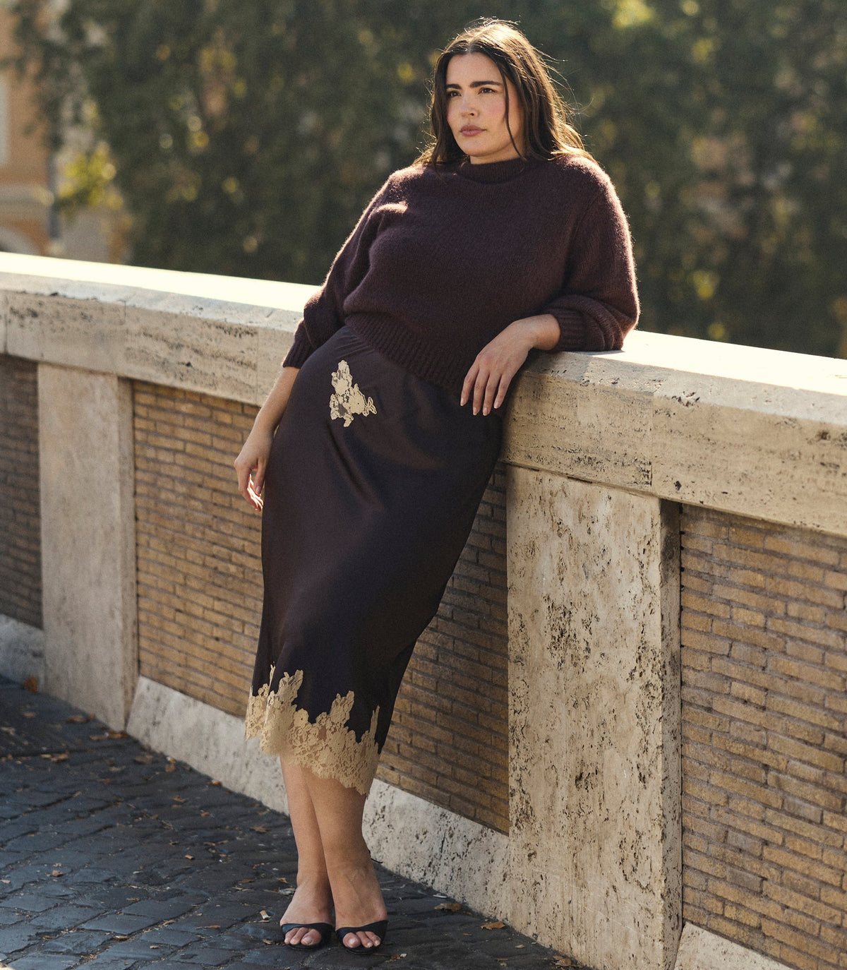 ELOWEN SKIRT -- EQUESTRIAN BROWN WITH CREAM LACE