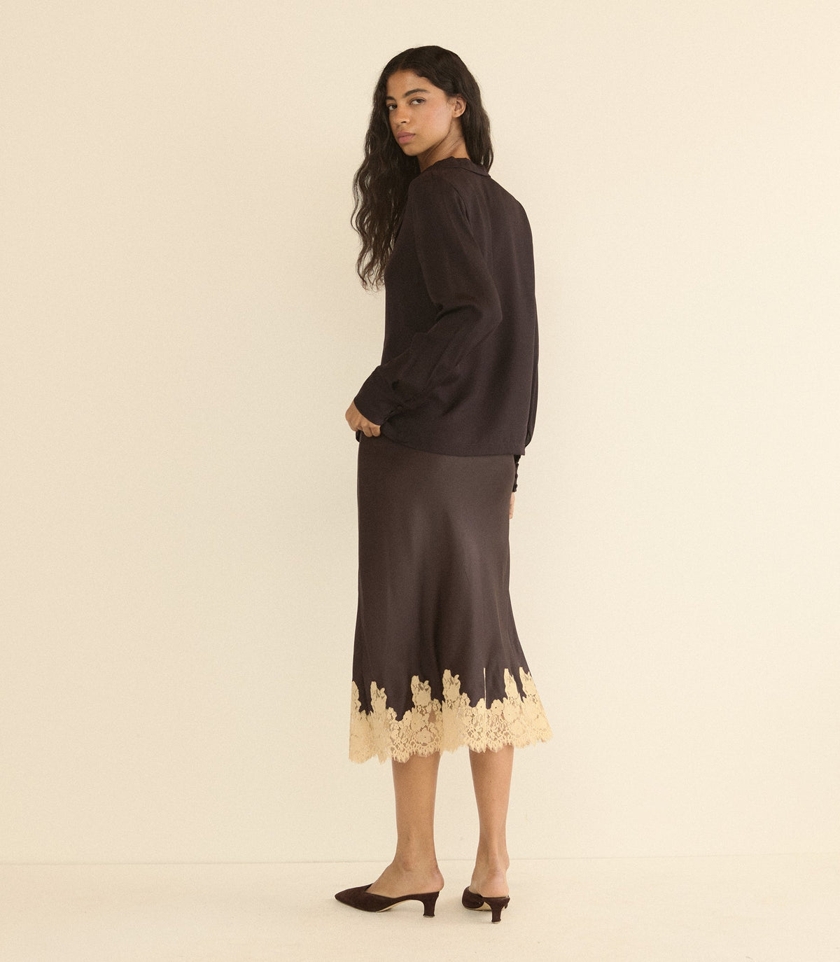 ELOWEN SKIRT -- EQUESTRIAN BROWN WITH CREAM LACE